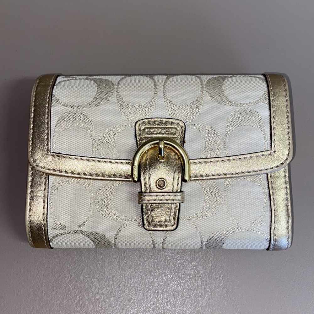 Coach gold & white classic C logo bi fold wallet